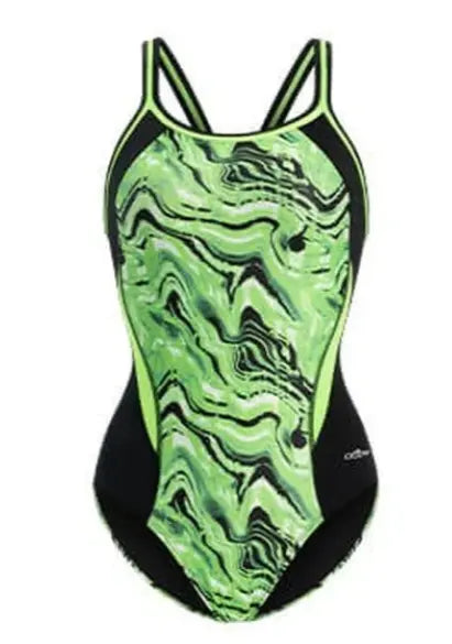 Clarkstown_Dolfin Women’s Reliance Blaze Color Block DBX Back One Piece Swimsuit, Green