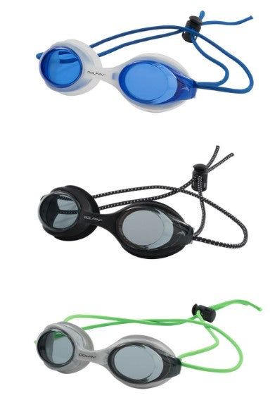 Dolfin Bungee Racer Goggle 3-Pack Including Blue/Clear, Black/Black, and Silver/Green