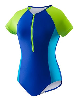 SPEEDO Girls Short Sleeve Zip One Piece (7-16)