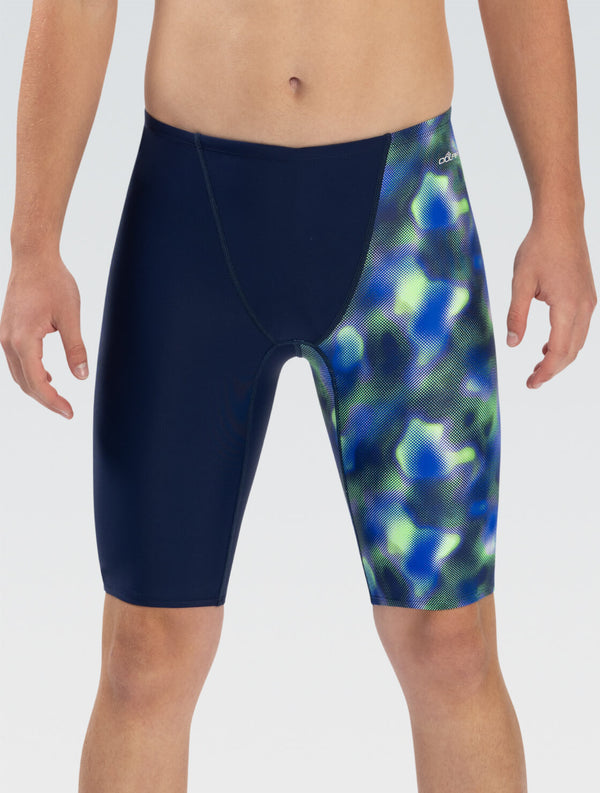 Navy swim jammers with a colorful pattern on a white background
