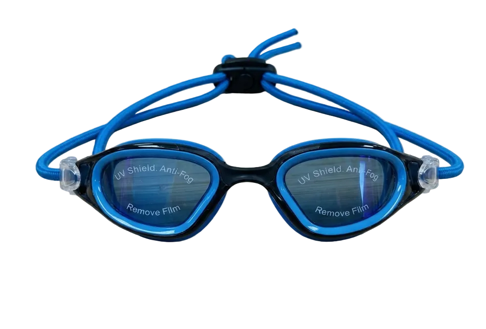 Blue swim goggles with black frame on a wooden surface