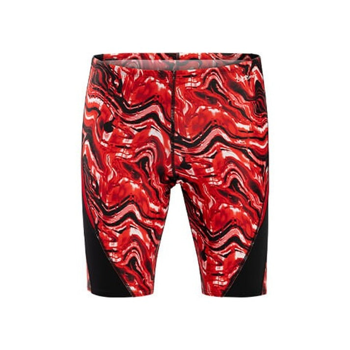 Red and black patterned swim shorts on a white background