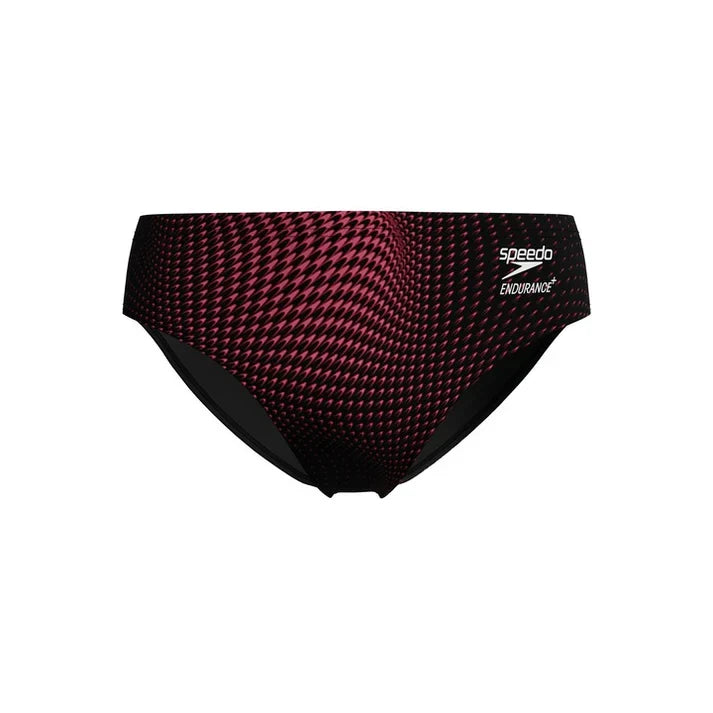 Black and red patterned swim brief with Speedo logo on a white background