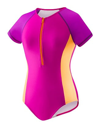 SPEEDO Girls Short Sleeve Zip One Piece (7-16)