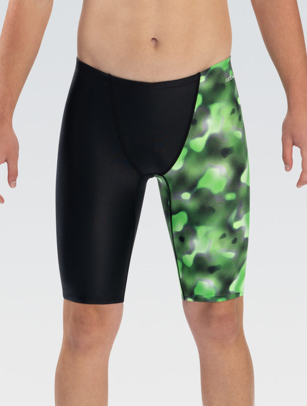 Black and green swim shorts on a plain background