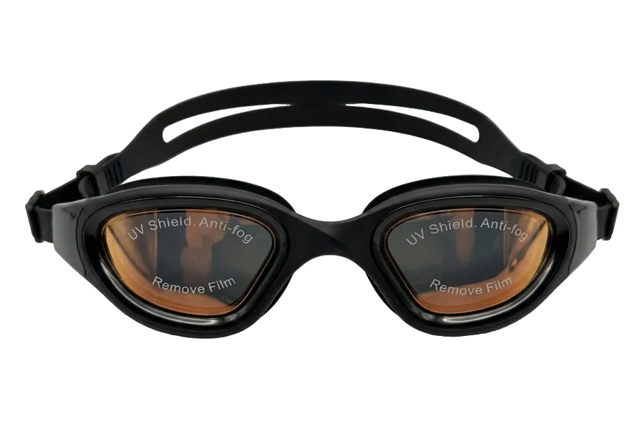 Black goggles with UV Shield and Anti-Fog features on a white background