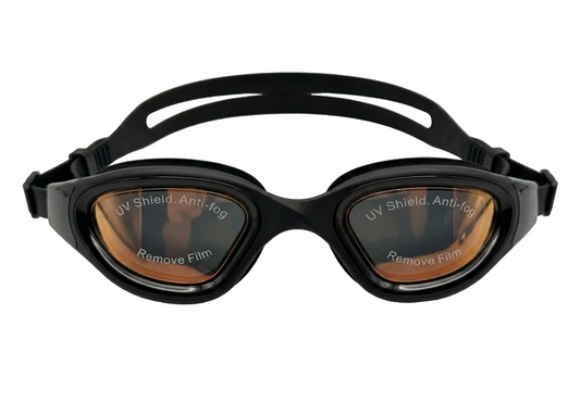 Black goggles with UV Shield and Anti-Fog features on a white background