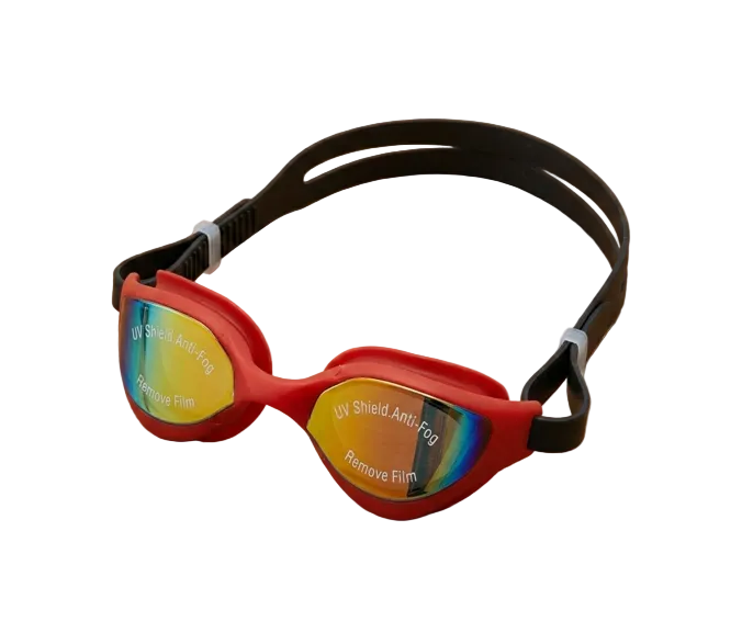 Red swimming goggles with black strap on a wooden surface