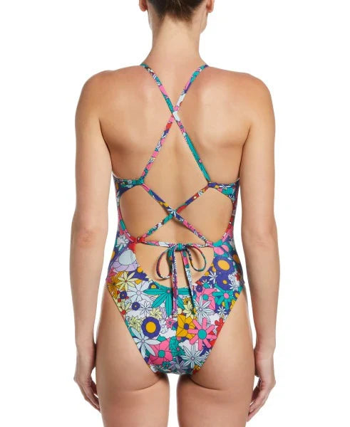 NIKE Hydrastrong Multiple Print Lace Up Tie Back One Piece