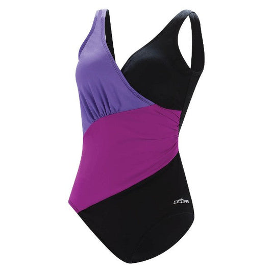 DOLFIN Aquashape Women&#39;s Black and Purple Color Block Moderate Ruched Front One Piece Swimsuit