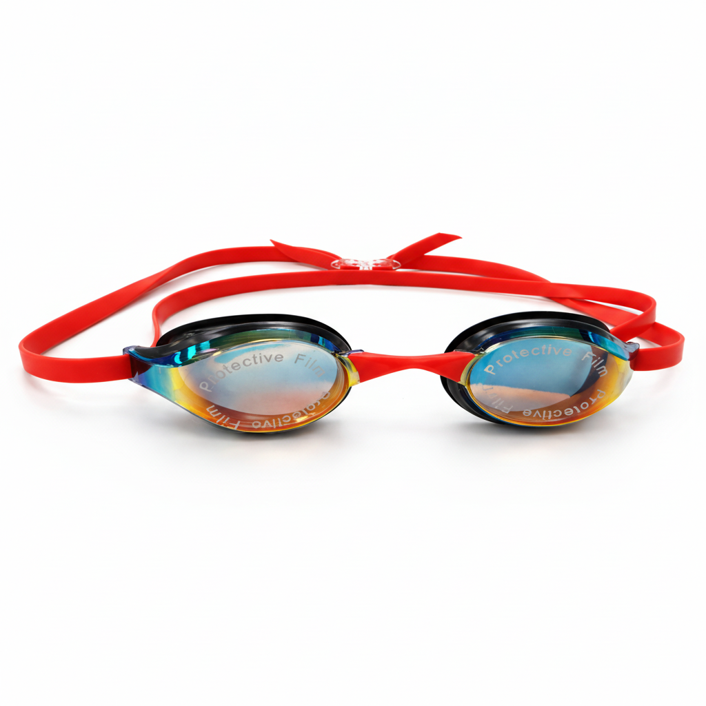 Rainbow Goggles Red Straps White Background