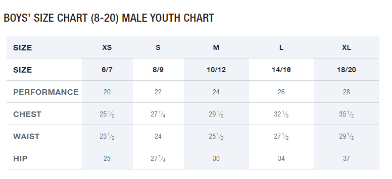 Boys Size chart (8-20) MAle youth Chart