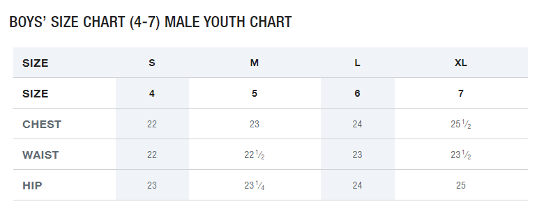Boys Size chart (4-7) MAle youth Chart