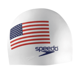 A close-up shot of speedo white USA swim cap
