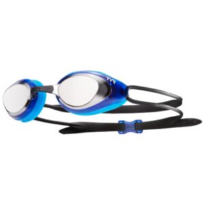 A long shot of the TYR blue and silver Goggles