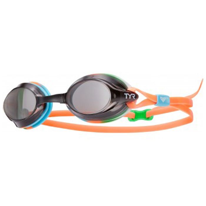 A close-up shot of the TYR smoke or multi coloured goggles